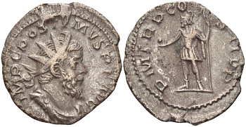 Римская Империя (императоры в Галлии) антониниан 261 Постум. IMP C POSTVMVS P F AVG / P M TR P COS II P P, император в военном доспехе, держит копье и сферу, Августа Треверов, Good Very fine RIC 54 биллон 1073-12-52