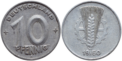 ГДР 10 ПФЕННИГОВ 1950 А KM 3 алюминий 4398-754