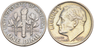 США 10 ЦЕНТОВ = 1 ДАЙМ 1966 РУЗВЕЛЬТ KM 195a медь плакированная медно-никелем 187-1043