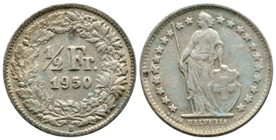 Швейцария 1/2 франка 1950 В KM 23 серебро 89-337