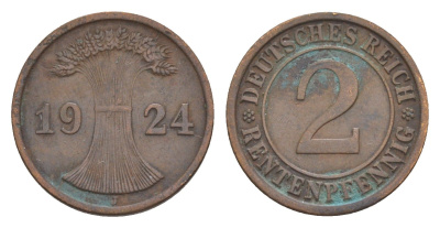 Германия 2 рентенпфеннига 1924 J KM 31, J.307, Weege 3 медь 4639-1235
