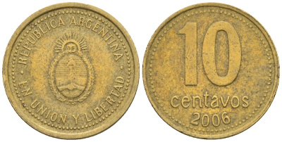 Аргентина 10 сентаво 2006 KM 107, CJ 3, Schon 110 алюминиевая бронза 4609-1255