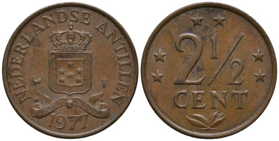Нидерландские Антилы 2 1/2 цента 1977 Юлиана (1948-1980) KM 9 бронза 4579-921