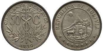 Боливия 50 сентаво 1939 кадуцей, лама, горы, солнце KM 182 медно-никель aUNC 215-1031