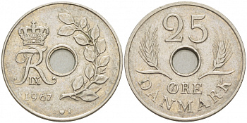 ДАНИЯ 25 ЭРЕ 1967 С; S, ФРЕДЕРИК IX (1947-1972) KM 855.1 медно-никель 4402-1242