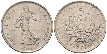 Франция 5 франков 1971 сеятель KM 926a.1, Le Franc 341.3 медно-никель плакированный никелем 4599-233