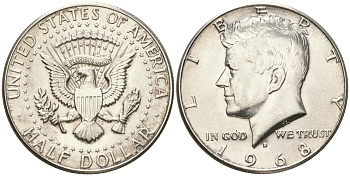 США 1/2 доллара (50 центов) 1968 D, Джон Кеннеди KM 202a серебро  UNC  4178-1042