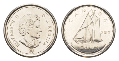 Канада 10 центов 2012 Leaf, Елизавета II (1952-2022), парусник KM 492 сталь плакированная никелем UNC 4636-653