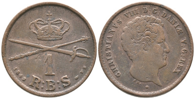 ДАНИЯ 1 РИГСБАНКСКИЛЛИНГ 1842 VS, КРИСТИАН VIII (1839-1848) KM 726.2 (С120.2) медь 34-542