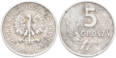 ПОЛЬША 5 ГРОШЕЙ 1961 KM А46 алюминий VF 192-158