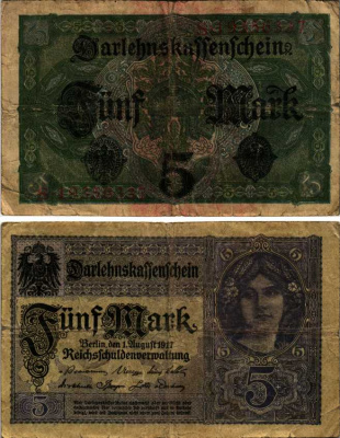 ГЕРМАНИЯ 5 МАРОК 1917 1 АВГУСТА 1917, ВОСЕМЬ ЦИФР В НОМЕРЕ Pick 56b бумага 7183-59-1-1