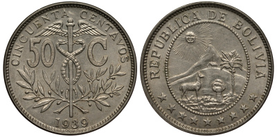 Боливия 50 сентаво 1939 кадуцей, лама, горы, солнце KM 182 медно-никель aUNC 215-1031