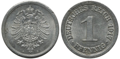 Германия 1 пфенниг 1917 A KM 24, J. 300, Weege 2 алюминий 192-258