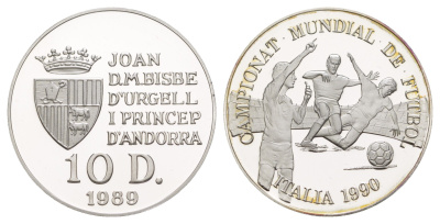 Андорра 10 динеров 1989 Чемпионат мира по футболу 1990, нарушение правил KM 53 серебро PROOF 1083-1-64