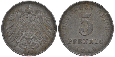 ГЕРМАНИЯ 5 ПФЕННИГОВ 1919 A KM 19, J. 297 железо 45-1161