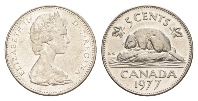 Канада 5 центов 1977 Елизавета II (1952-2022), бобр KM 60.1 никель 4636-612