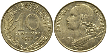 ФРАНЦИЯ 10 САНТИМОВ 1993 ТИП MARIANNE KM 929, LE FRANC 144.35 медь алюминий никель 99-1134