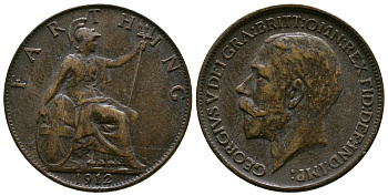 Великобритания 1 фартинг 1912 Георг V (1910-1936) KM 808.1, Spink 4059 бронза 4384-334