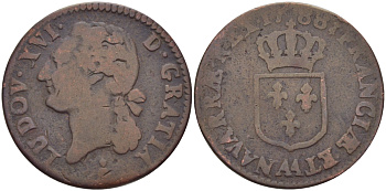 ФРАНЦИЯ 1/2 СОЛЯ 1788 ЛЮДОВИК XVI KM 586 медь 28-624