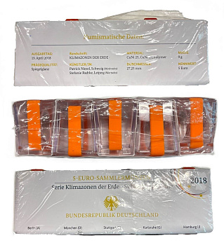 ФРГ 5 евро 2018 A, D, F, G, J субтропическая зона земли, полный комплект монетных дворов, в оригинальной упаковке KM 370 биметалл  PROOF  1-3-1-06