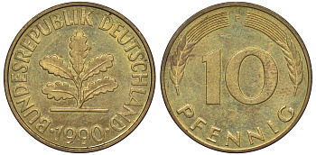 ФРГ 10 пфеннигов 1990 F KM 108, J 383 сталь плакированная латунью 25-1827
