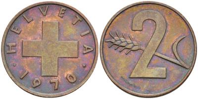 Швейцария 2 раппена 1970 KM 47 бронза 4592-713