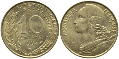 ФРАНЦИЯ 10 САНТИМОВ 1993 ТИП MARIANNE KM 929, LE FRANC 144.35 медь алюминий никель 99-1134