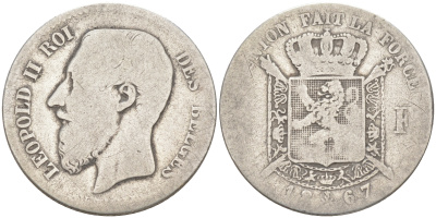 БЕЛЬГИЯ 1 ФРАНК 1867 ЛЕОПОЛЬД II (1865-1909), BELGES KM 28.1 серебро 106-424