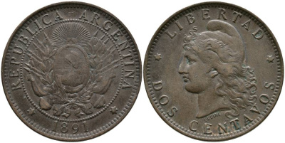Аргентина 2 сентаво 1891 голова свободы влево KM 8 бронза 4531-1031
