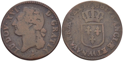 ФРАНЦИЯ 1/2 СОЛЯ 1788 ЛЮДОВИК XVI KM 586 медь 28-624