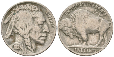 США 5 центов 1935 индеец, бизон KM 134 медно-никель 4614-1152