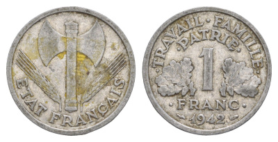 Франция 1 франк 1942 KM 902 алюминий 4539-857