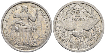 Французская Новая Каледония 2 франка 1983 птица кагу, (IEOM) KM 14, Schoen 11, Lec 63 алюминий    27-853