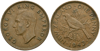 Новая Зеландия 1 пенни 1943 Георг VI (1936-1952), новозеландский туи KM 13 бронза 4165-1216