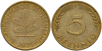 ФРГ 5 пфеннигов 1971 F J.382, KM 107 сталь плакированная латунью    4598-949