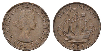 Великобритания 1/2 пенни 1954 Елизавета II (1952-2022) KM 896, Spink 4158 бронза 4662-1131