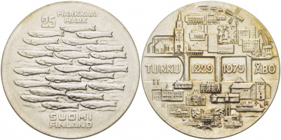 Финляндия 25 марок 1979 K-H, 750 лет городу-порту Турку KM 58 серебро UNC 1515-1145