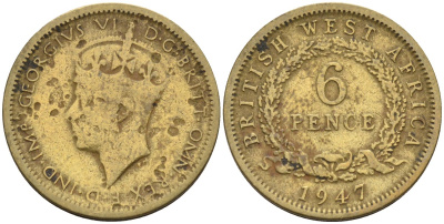Британская Западная Африка 6 пенсов 1947 Георг VI (1936-1952) KM 22 никель-латунь 4588-722