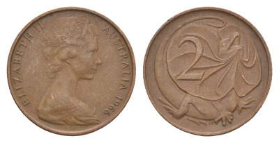 Австралия 2 цента 1966 Елизавета II (1952-2022), плащеносная ящерица KM 63 бронза 4585-1046
