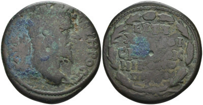 Римская Империя, Провинция Нижняя Мезия, Никополь-на-Истре AE 193 - 211 Септимий Север, бюст императора / греческая легенда в пять строк в лавровом венке ( R ), 10,73 гр, 27 мм бронза 1100-4-54