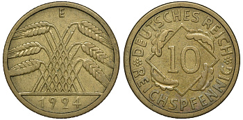 ГЕРМАНИЯ 10 РЕЙХСПФЕННИГОВ 1924 E KM 40, J. 317, Weege 9 алюминиевая бронза 72-1537