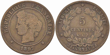 ФРАНЦИЯ 5 САНТИМОВ 1897 A, ТРЕТЬЯ РЕСПУБЛИКА (1871-1940) KM 821.1, LE FRANC 118.41 бронза 108-746