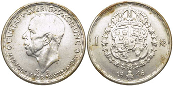 Швеция 1 крона 1946 TS, Густав V (1907-1950) KM 814 серебро 119-1127