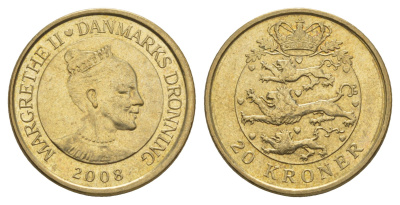 Дания 20 крон 2008 Маргрете II (1972-2024) KM 891 алюминиевая бронза UNC 4650-356