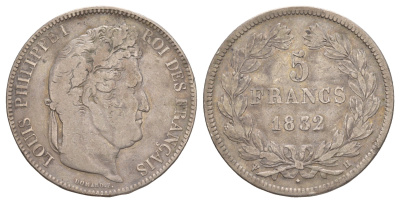 Франция 5 франков 1832 H, Луи-Филипп I (1830-1848) KM 749.5 серебро 1520-922