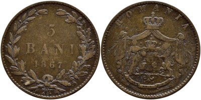 Румыния 5 бани 1867 монетный двор Watt&Co, Кароль I как принц (1866-1881) KM 3.2 медь 4390-633