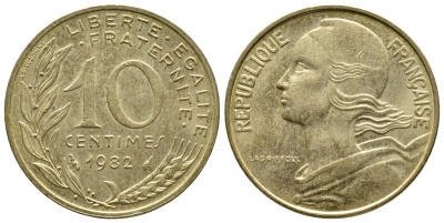ФРАНЦИЯ 10 САНТИМОВ 1982 ТИП MARIANNE KM 929 медь алюминий никель 93-1337