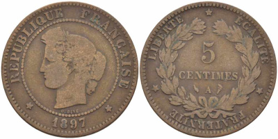 ФРАНЦИЯ 5 САНТИМОВ 1897 A, ТРЕТЬЯ РЕСПУБЛИКА (1871-1940) KM 821.1, LE FRANC 118.41 бронза 108-746
