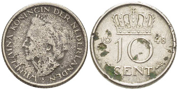 Нидерланды 10 центов 1948 Вильгельмина (1895-1948) KM 177 никель 218-1256