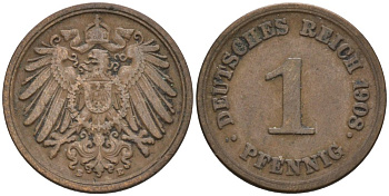 Германия 1 пфенниг 1908 E KM 10, J. 10 медь 4567-1265